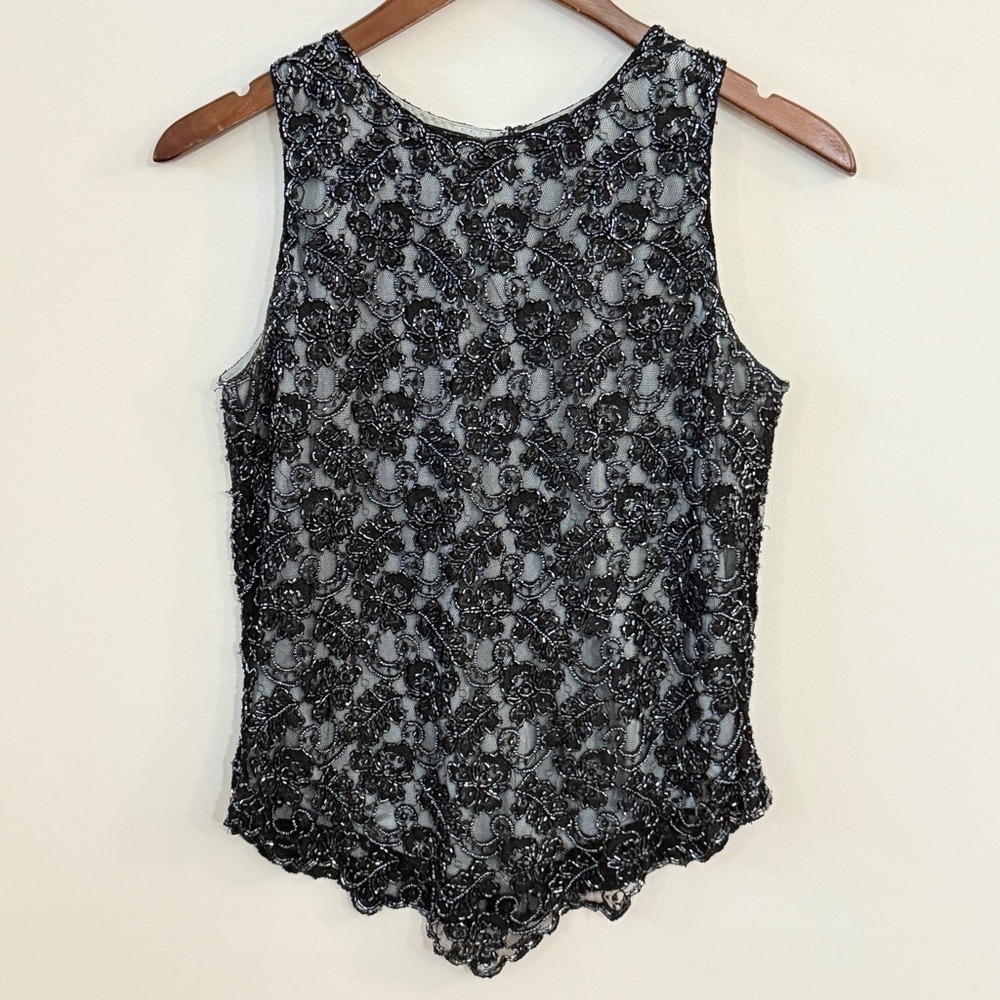 JKARA New York Floral Beaded Lace Overlay Top Medium Black Gray